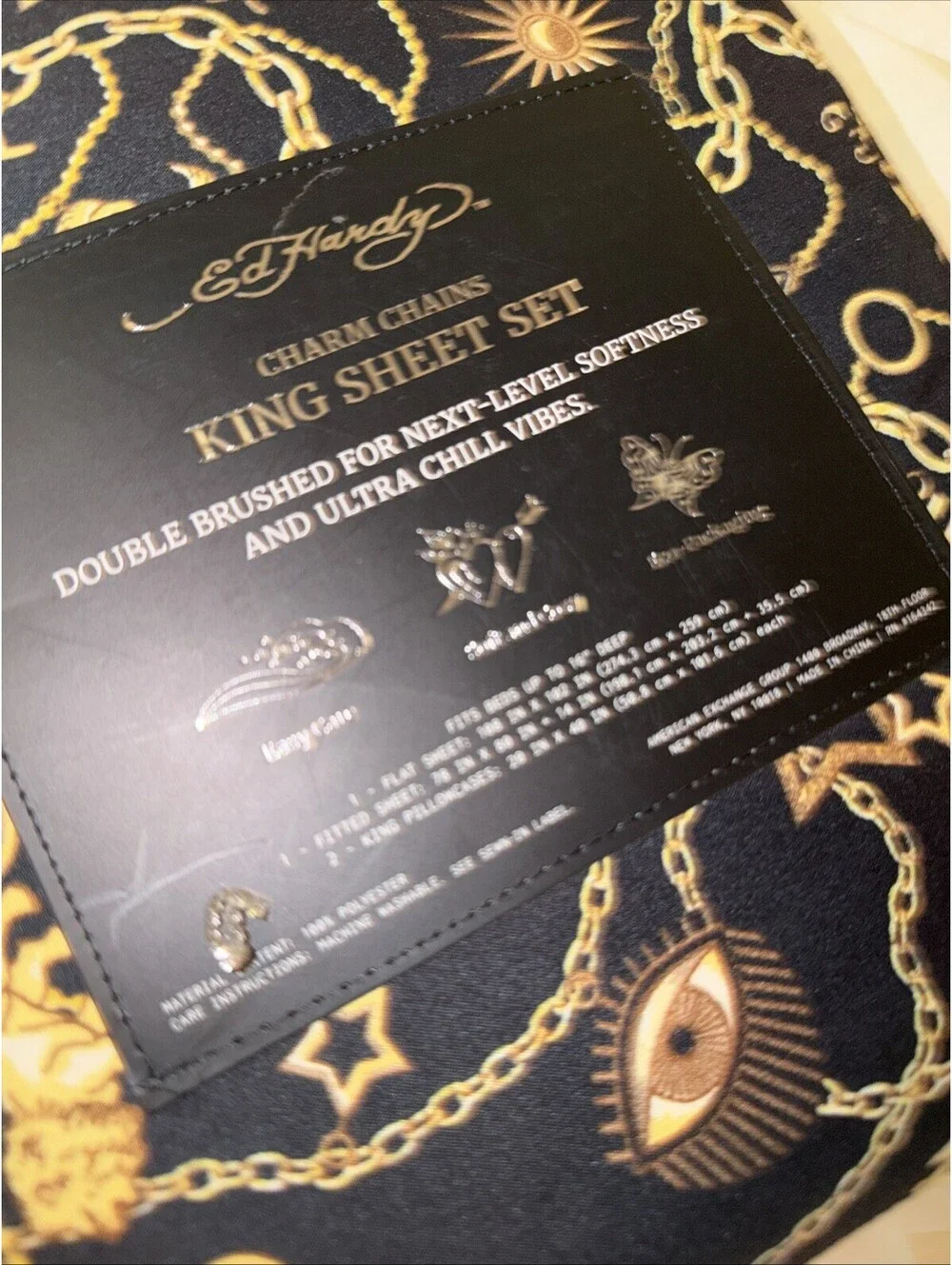 Ed Hardy Black KING Sheet Set Gold Charm Chains Evil Eye Celestial Lion Moon